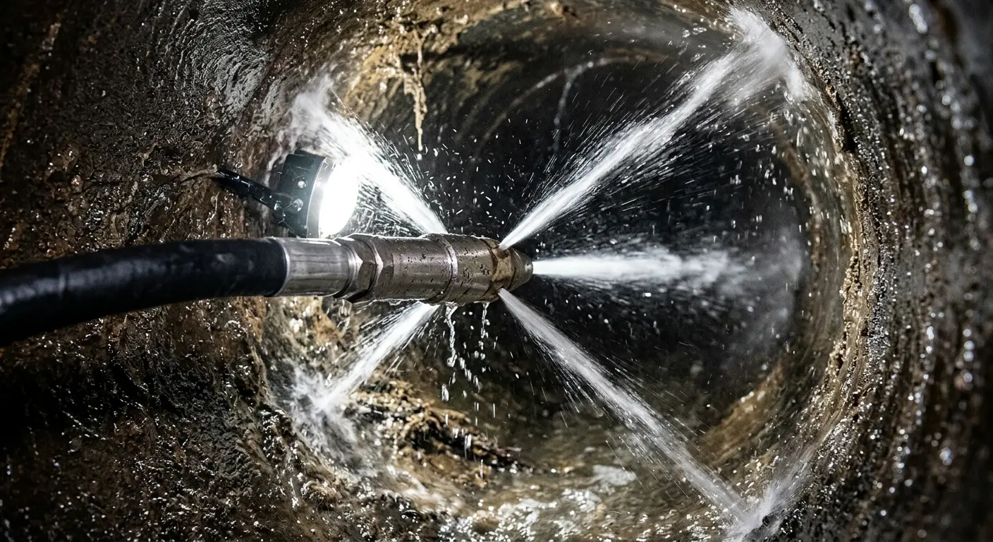 High-pressure hydro jetting nozzle cleaning sewer pipe for Sewer Cleanout in West Park