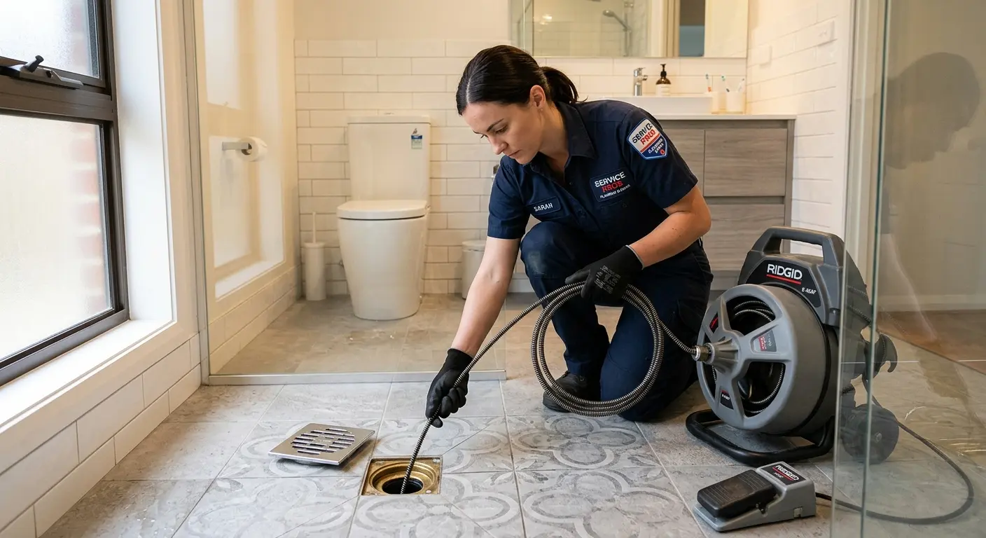 Technician clearing a bathroom floor drain for Drain Cleaning in West Park